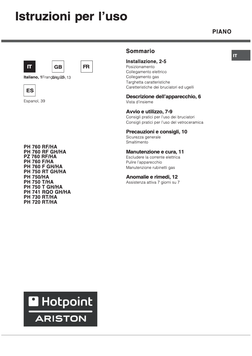 Page n°1 - Manuel utilisateur Hotpoint Ariston PH 750 T ANR/HA