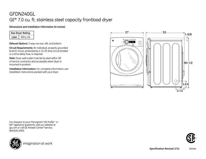 Page n°1 - Fiche technique GE GFDN245GLMS