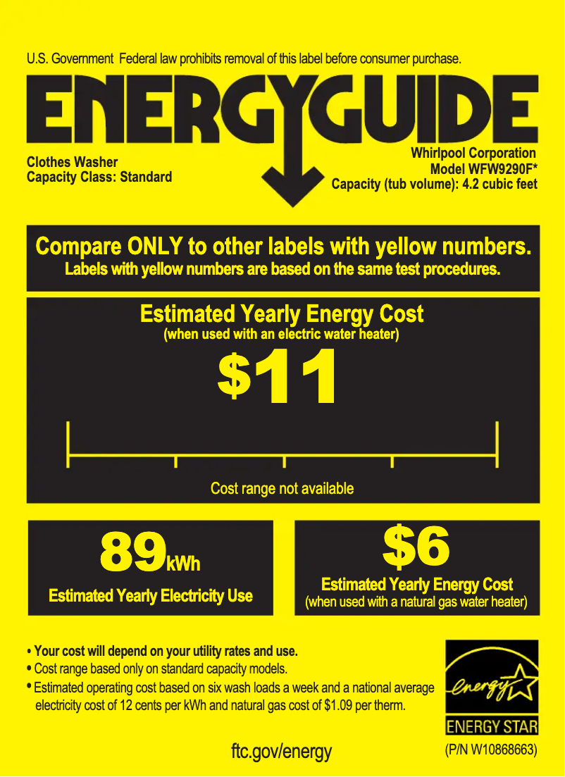 Page 1 de la notice Label énergétique Whirlpool WFW9290F