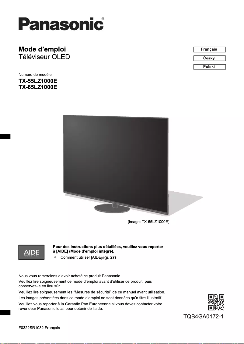Page 1 de la notice Guide de démarrage rapide Panasonic TX-55LZ1000E