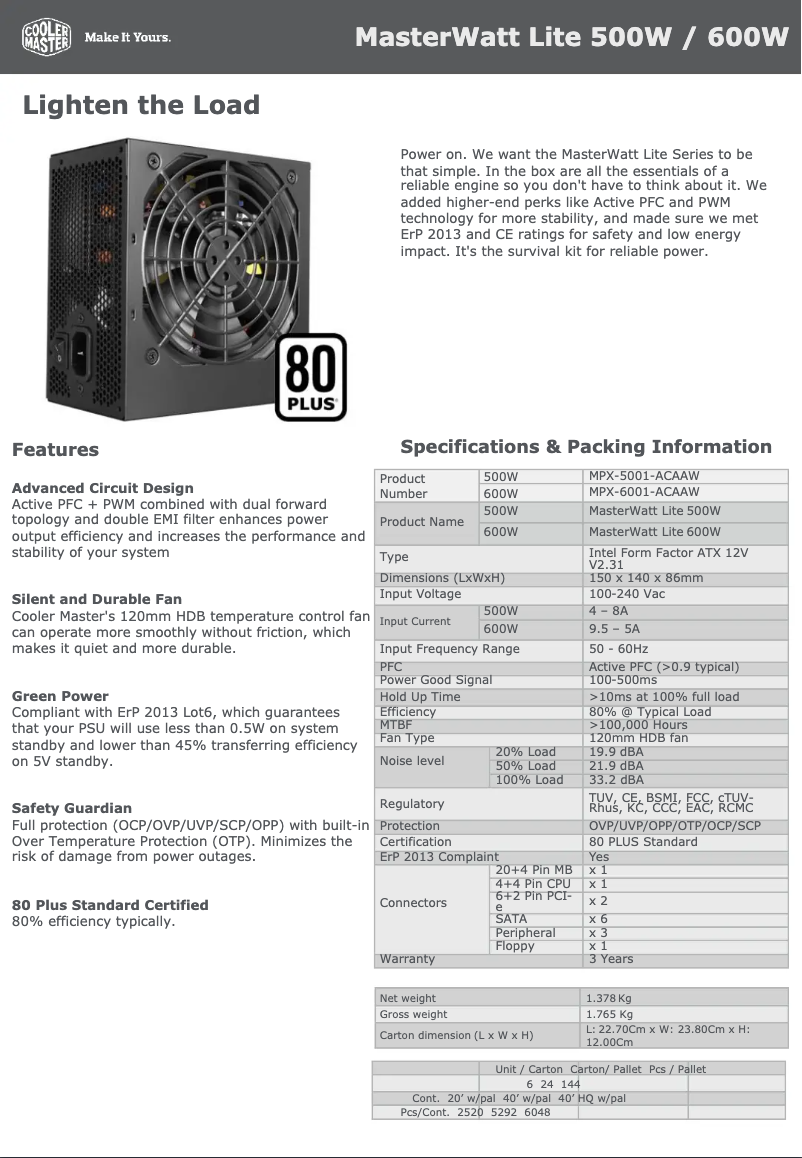 Page 1 de la notice Fiche technique Cooler Master MasterWatt Lite 500