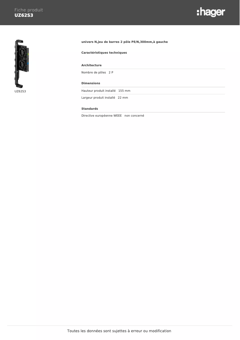 Page 1 de la notice Manuel utilisateur Hager UZ62S3