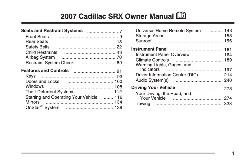 Page 1 de la notice Manuel utilisateur Cadillac SRX (2005)