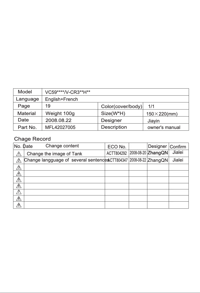 Page 1 de la notice Manuel utilisateur LG VC5987CC