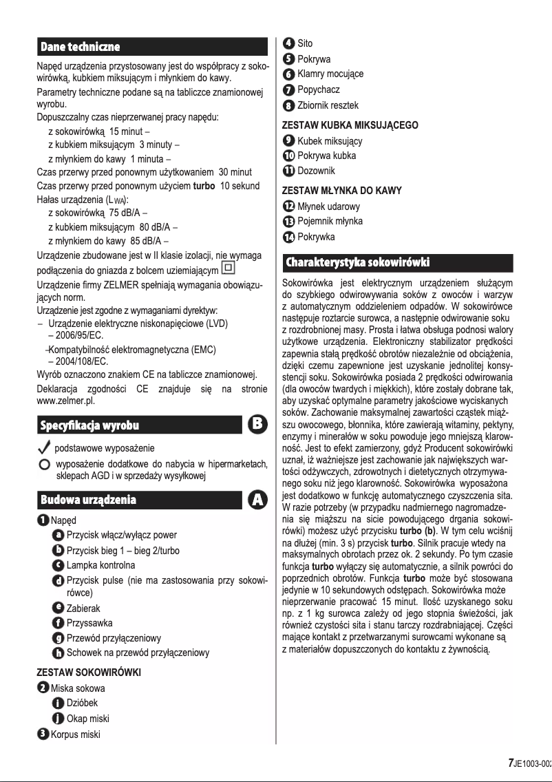 Page n°1 - Manuel utilisateur Zelmer JE1003