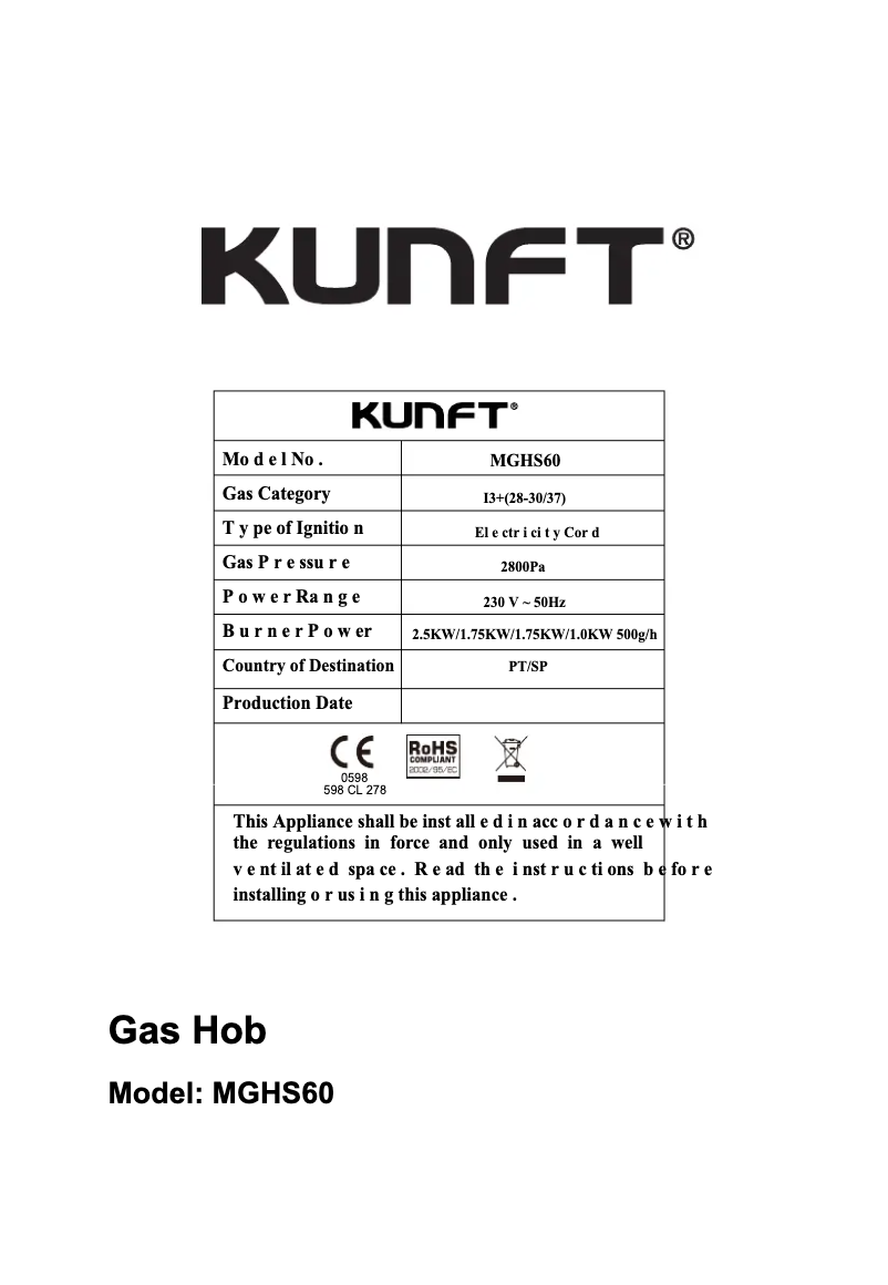 Page 1 de la notice Manuel utilisateur Kunft MGHS60