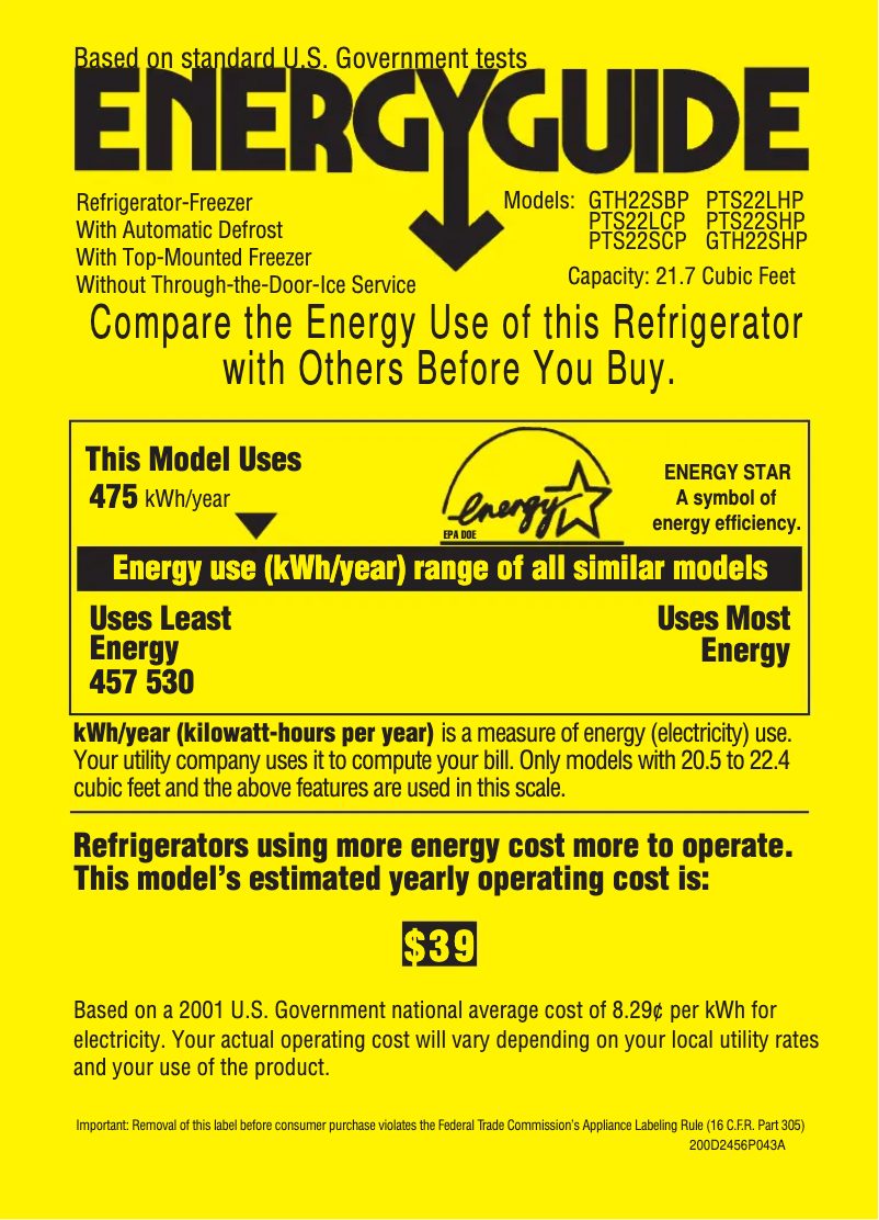 Page 1 of the manual Energy Label GE PTS22LCPBB