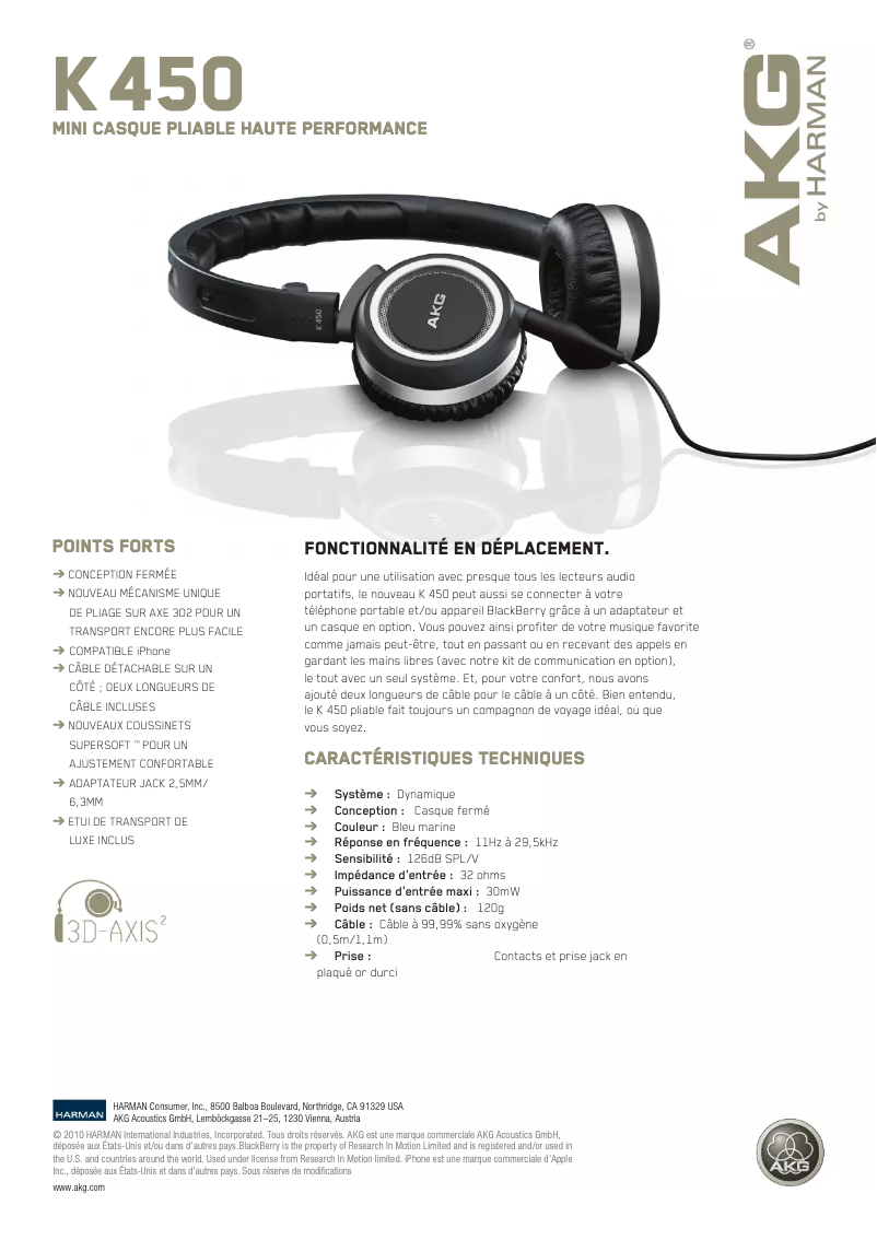 Page 1 de la notice Manuel utilisateur AKG K450