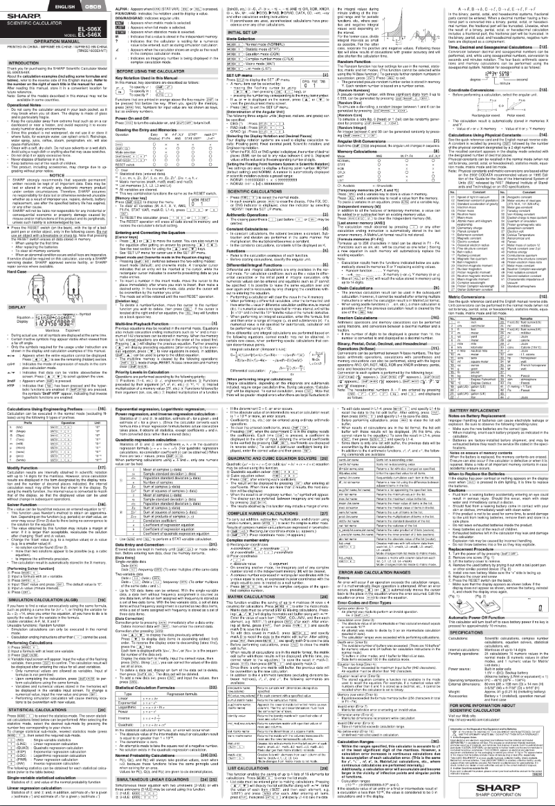 Page n°1 - Manuel utilisateur Sharp EL-506X