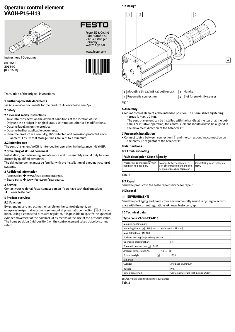 Page 1 de la notice Manuel utilisateur Festo VAOH-P15-H13