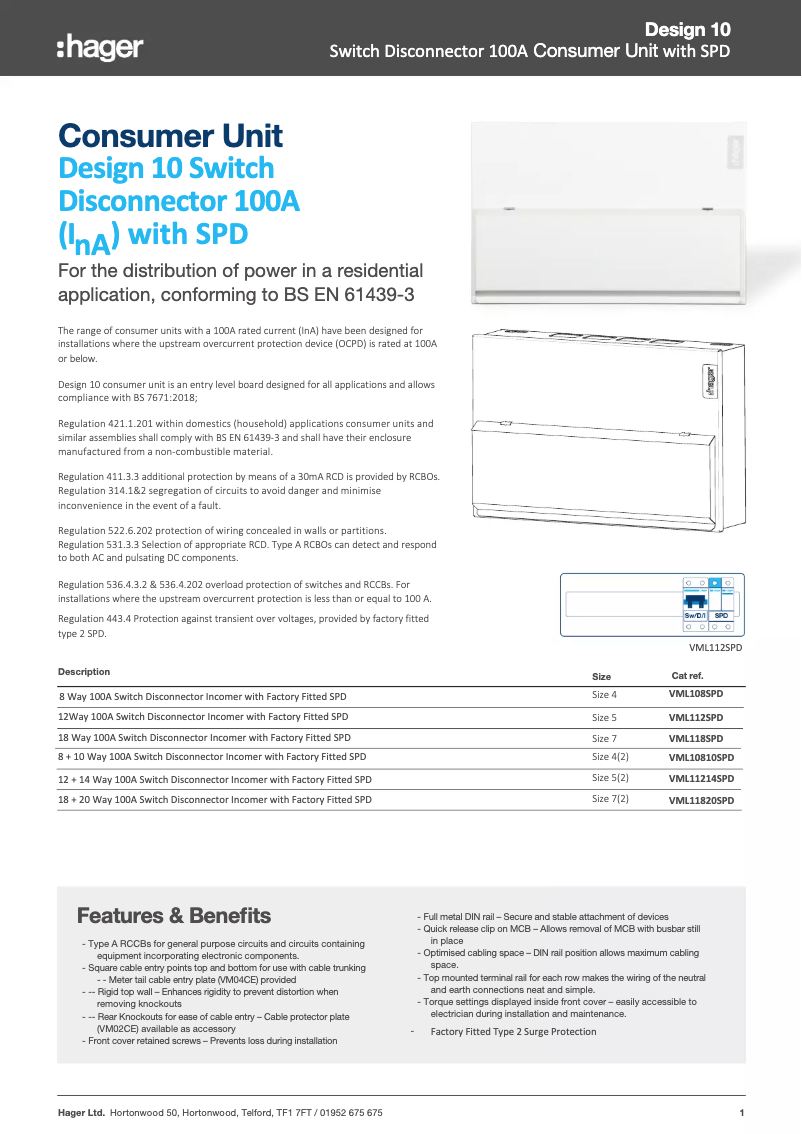 Page n°1 - Fiche technique Hager VML11820SPD