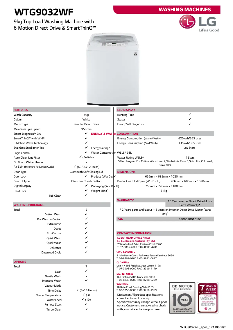 Page 1 de la notice Fiche technique LG WTG9032WF