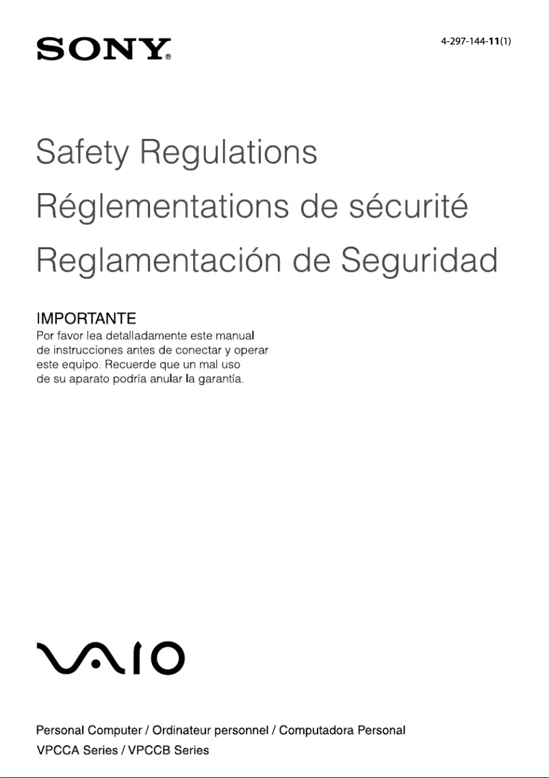 Página 1 del manual Instrucciones de seguridad Sony Vaio VPCCB3AFX
