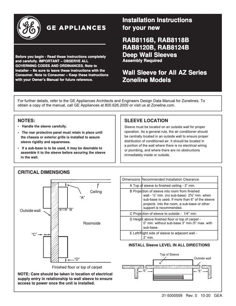 Page 1 de la notice Manuel utilisateur GE RAB8116B
