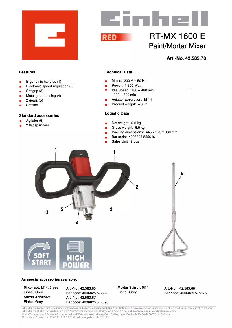 Page 1 de la notice Fiche technique Einhell RT-MX 1600 E