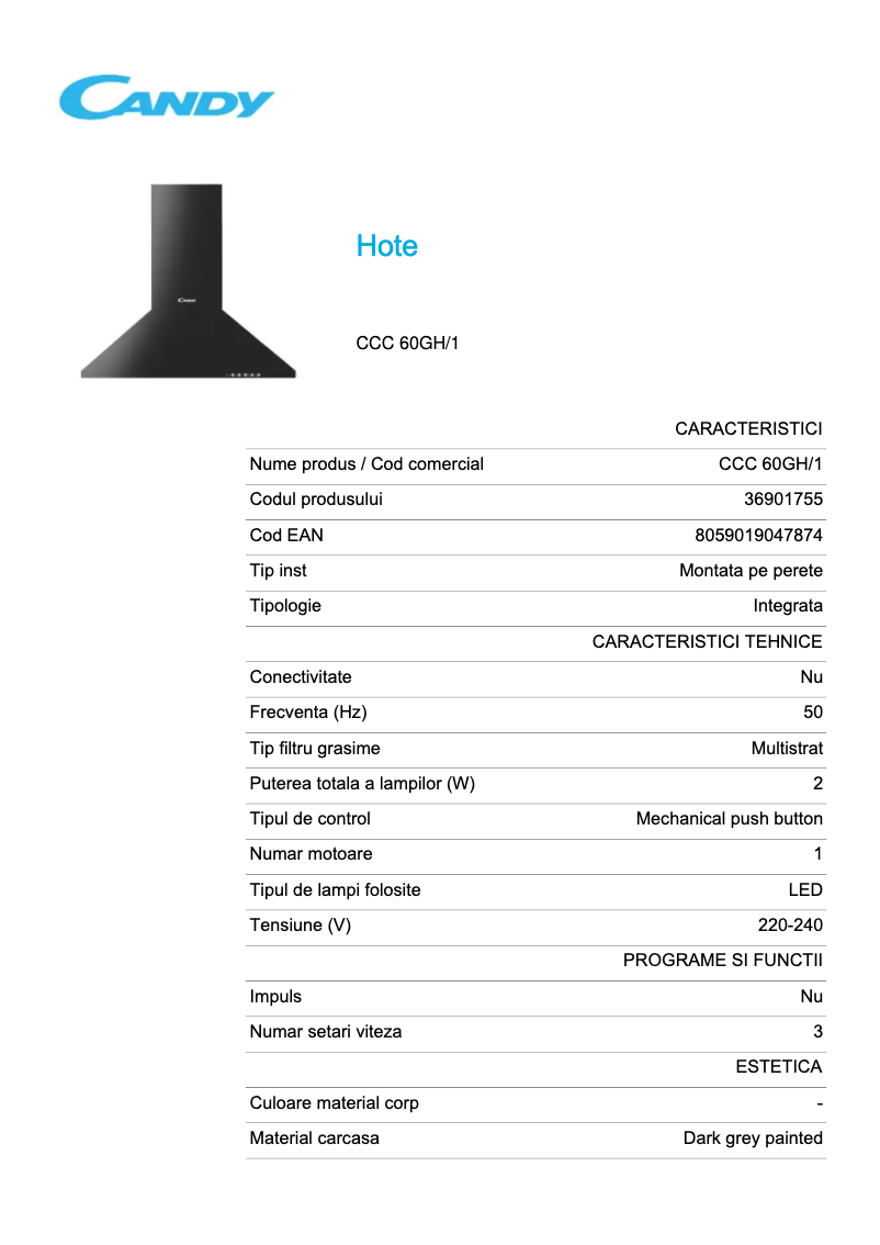 Page 1 de la notice Fiche technique Candy CCC 60GH/1