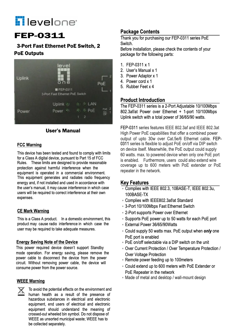 Page 1 de la notice Manuel utilisateur LevelOne FEP-0311