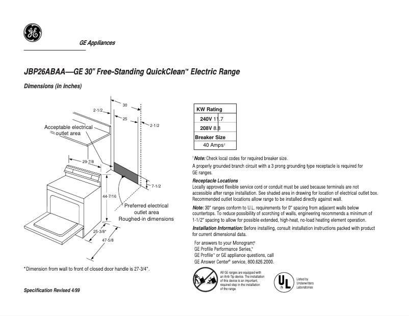Page 1 of the manual Technical Sheet GE Spectra JBP26ABAA