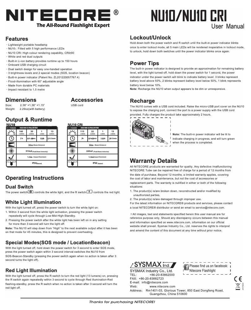 Page n°1 - Manuel utilisateur Nitecore NU10 CRI