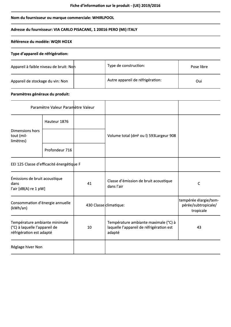 Page 1 de la notice Fiche technique Whirlpool WQ9I HO1X