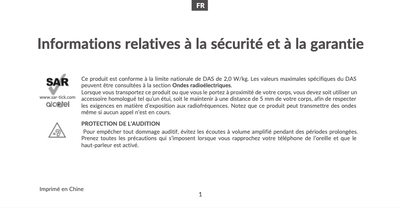 Page n°1 - Instructions de sécurité Alcatel 1SE