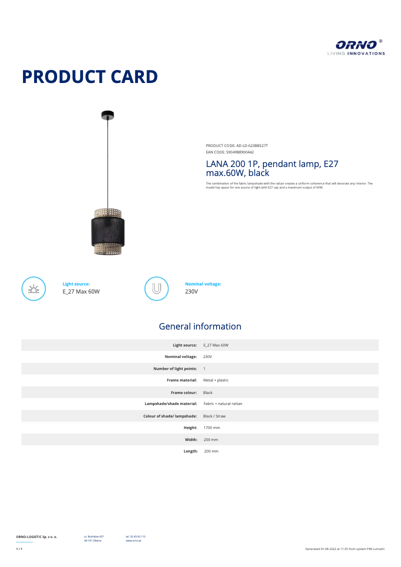 Page n°1 - Fiche technique Adviti AD-LD-6238BE27T