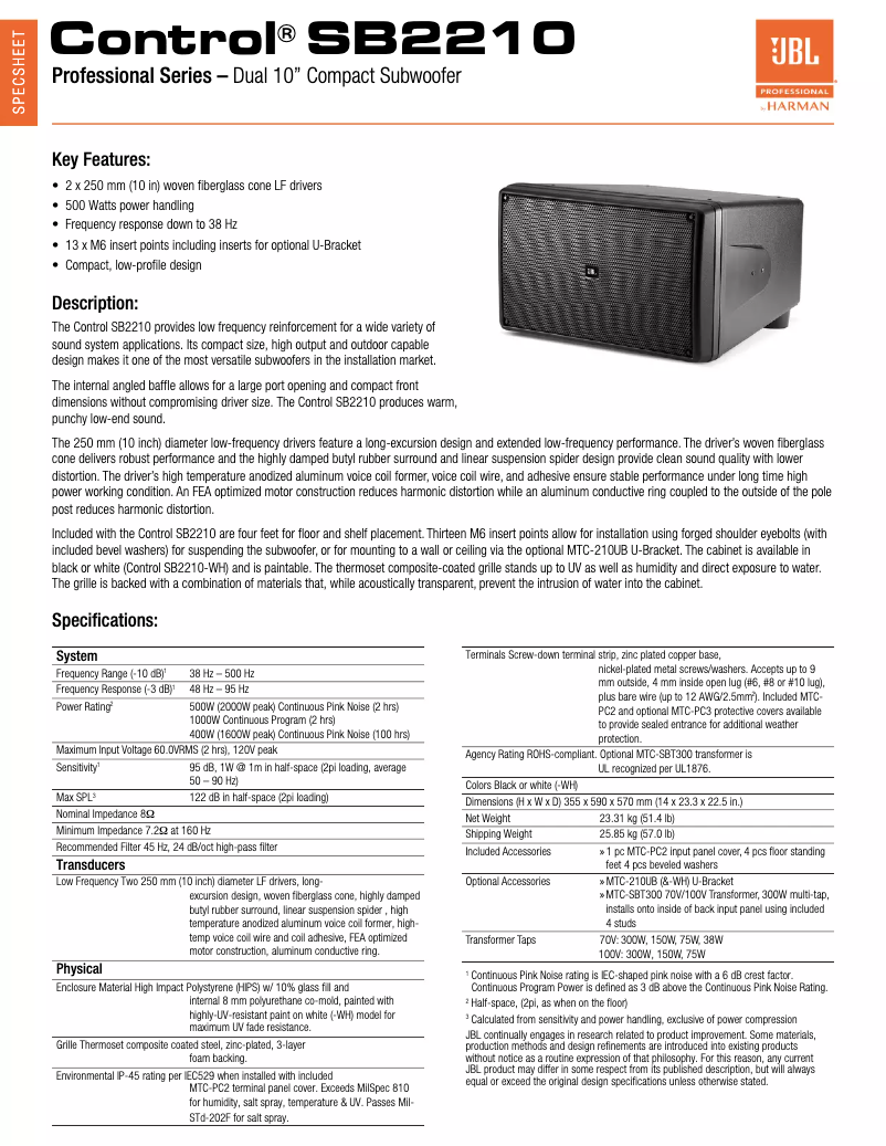 Page 1 de la notice Manuel utilisateur JBL SB2210