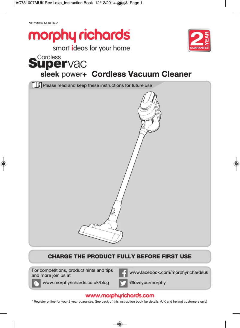 Page 1 de la notice Manuel utilisateur Morphy Richards Supervac Sleek Power+ 731007
