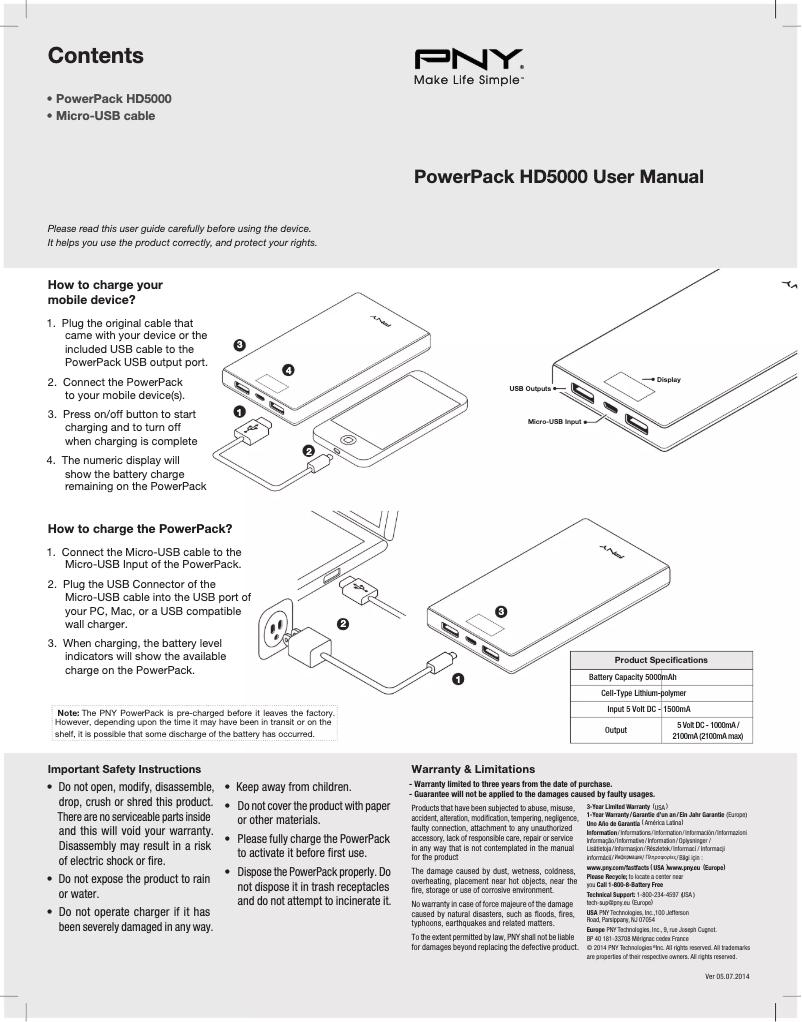 Page 1 de la notice Manuel utilisateur PNY PowerPack HD5000
