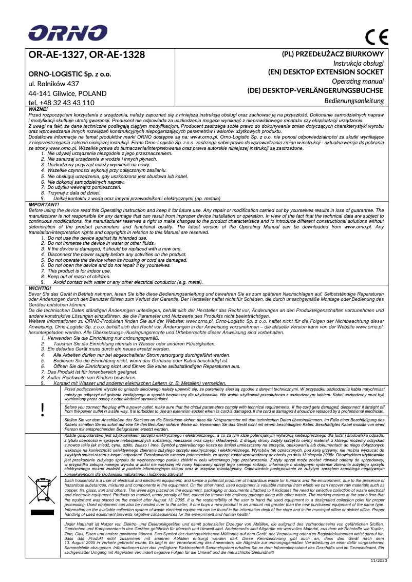 Page 1 de la notice Manuel utilisateur ORNO OR-AE-1327