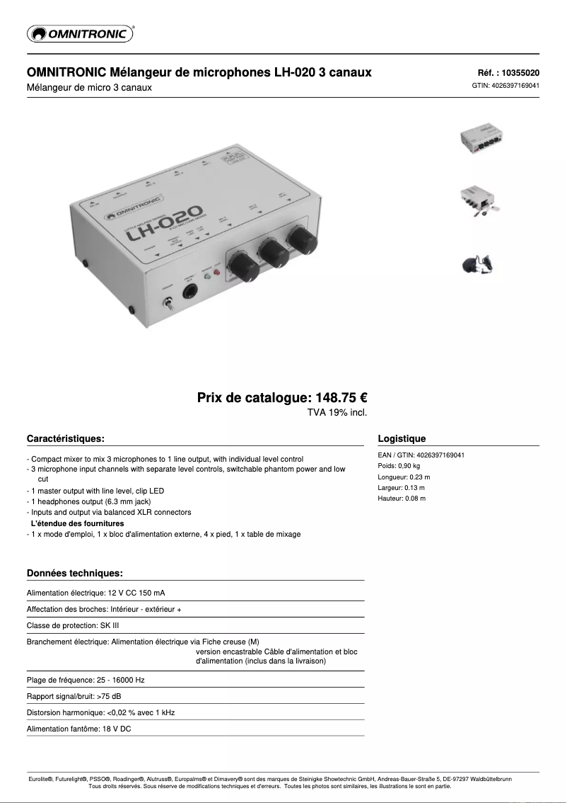 Page 1 de la notice Fiche technique Omnitronic LH-020