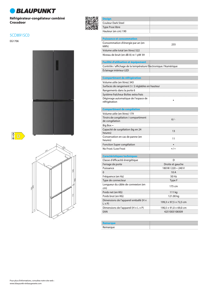 Page 1 de la notice Fiche technique Blaupunkt 5CD891SC0