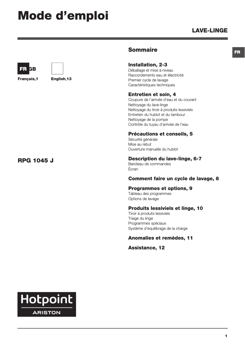Image de la première page du manuel de l'appareil RPG 1045 JS FR