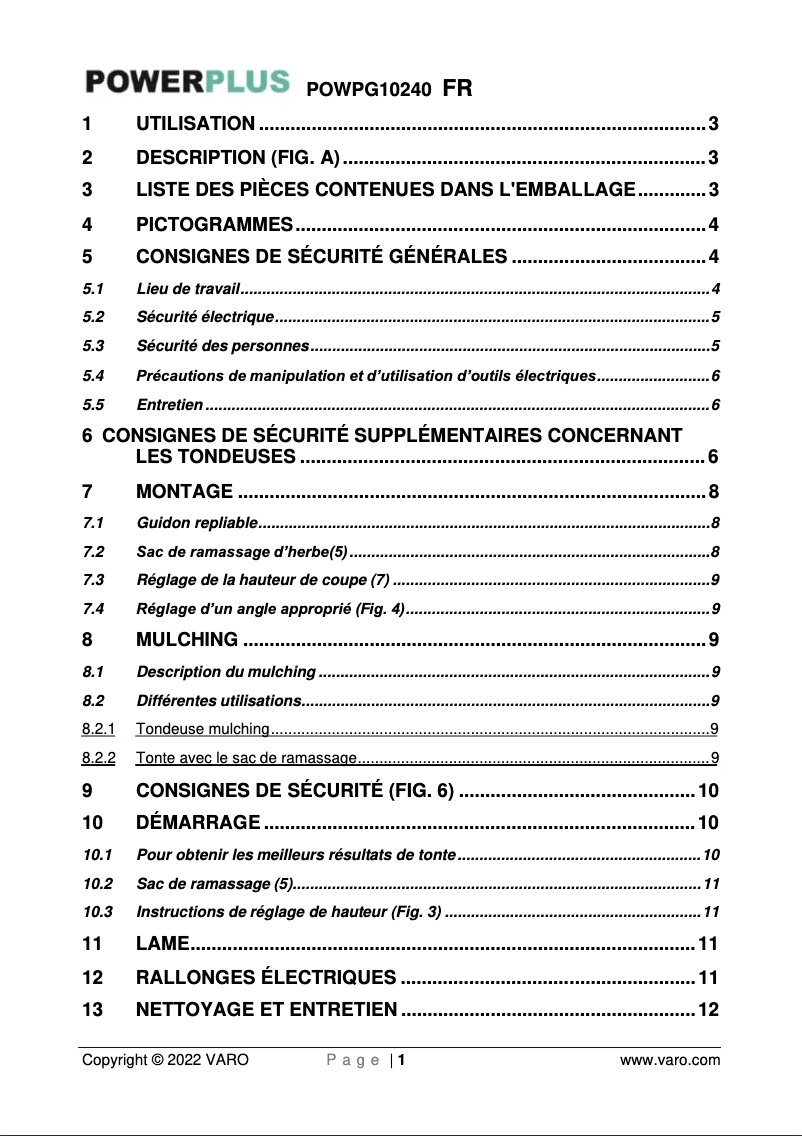 Page 1 de la notice Manuel utilisateur PowerPlus POWPG10240