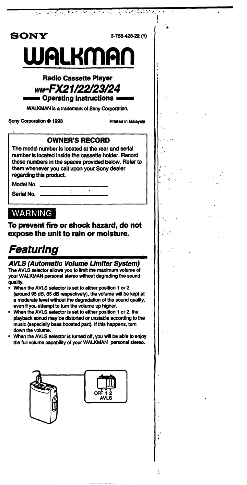 Page 1 de la notice Manuel utilisateur Sony Walkman WM-FX21