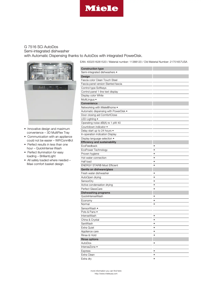 Page 1 de la notice Fiche technique Miele G 7516 SCi AutoDos