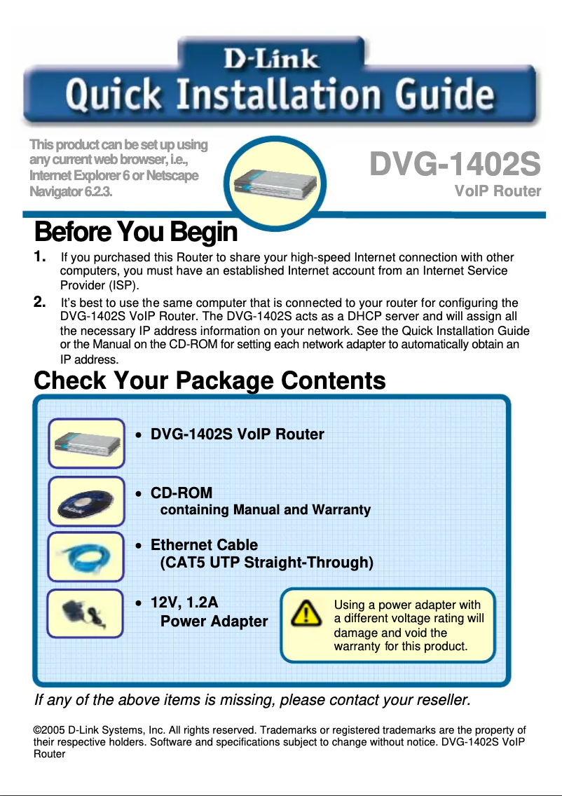 Page n°1 - Guide de démarrage rapide D-Link DVG-1402S