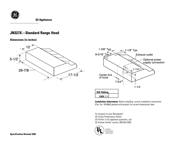 Page 1 de la notice Fiche technique GE JN327XWH