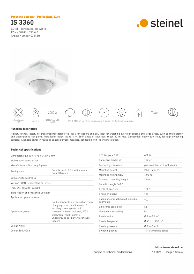 Page 1 de la notice Fiche technique Steinel IS 3360 COM1