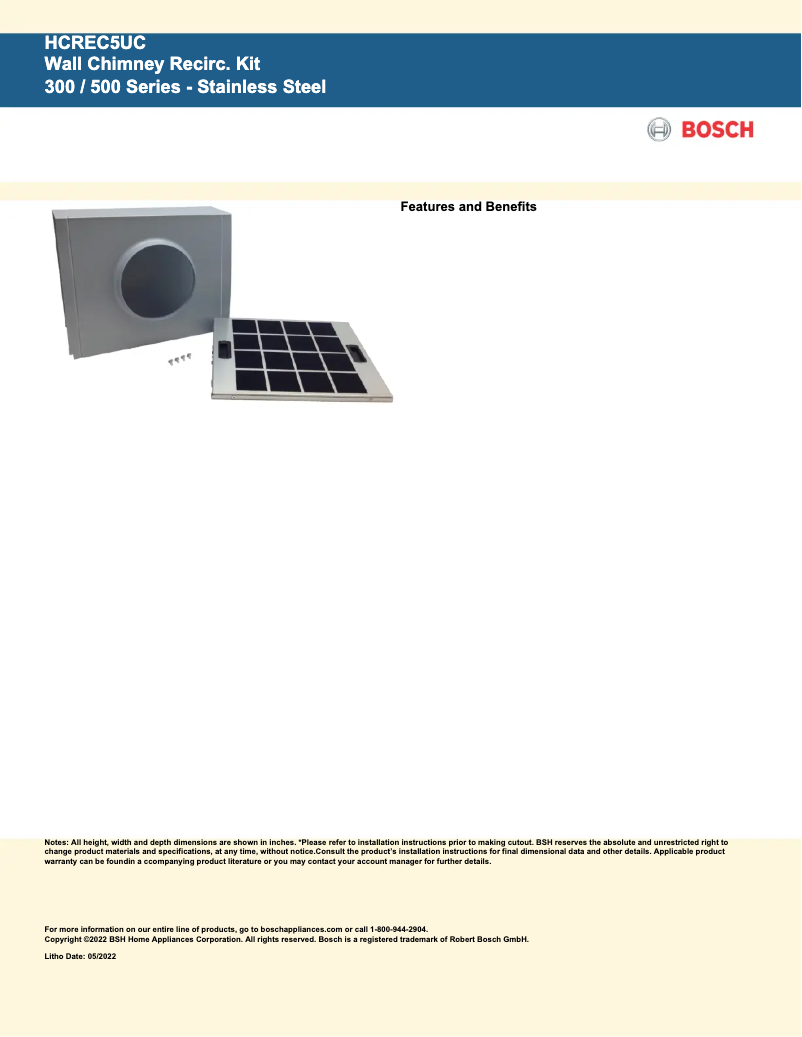 Page 1 de la notice Fiche technique Bosch HCREC5UC
