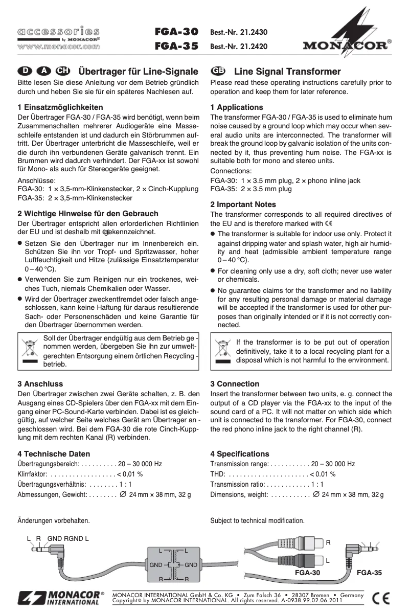 Page n°1 - Manuel utilisateur Monacor FGA-35