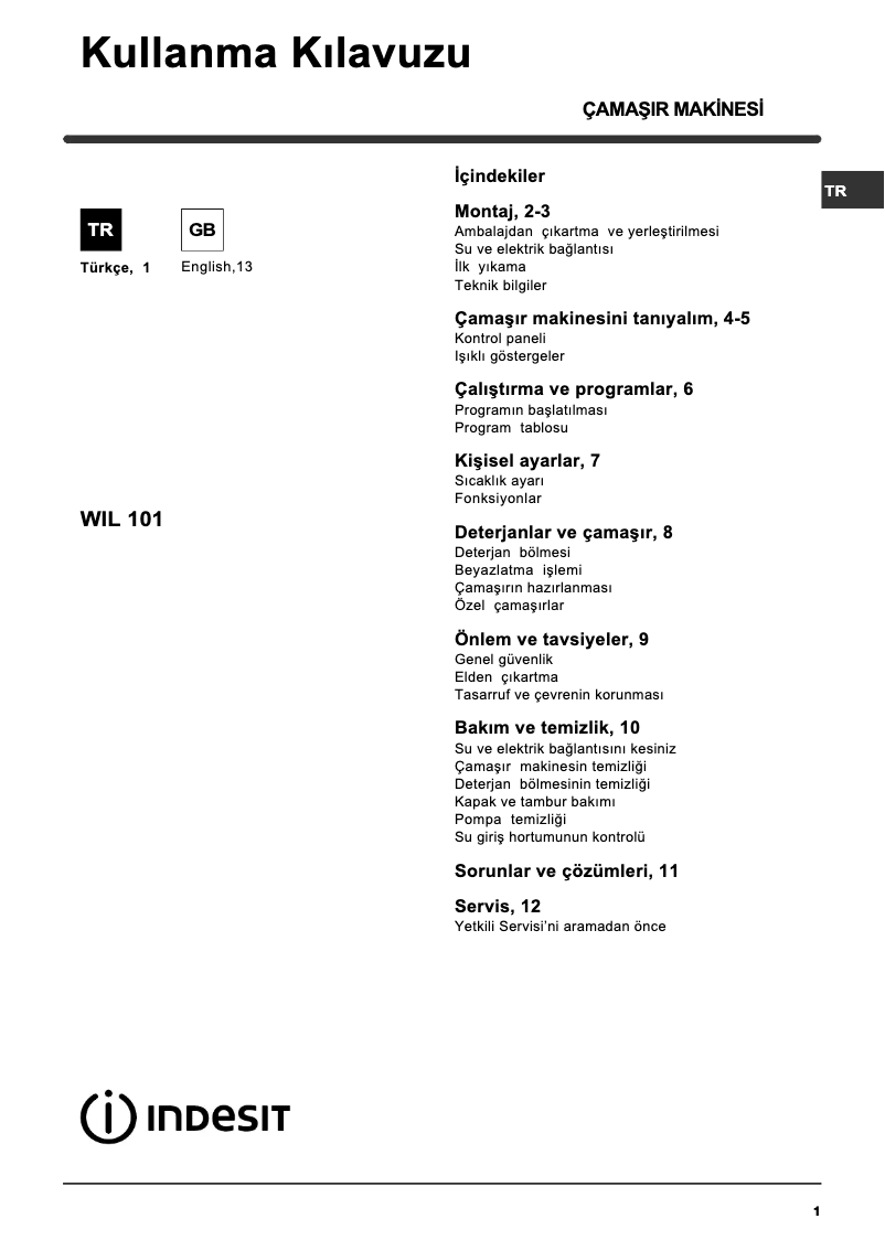 Page 1 de la notice Manuel utilisateur Indesit WIL 101 (TK)