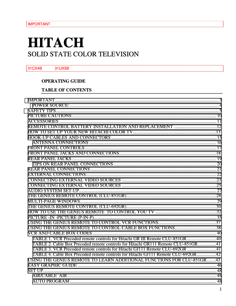 Page n°1 - Manuel utilisateur Hitachi 31CX4B
