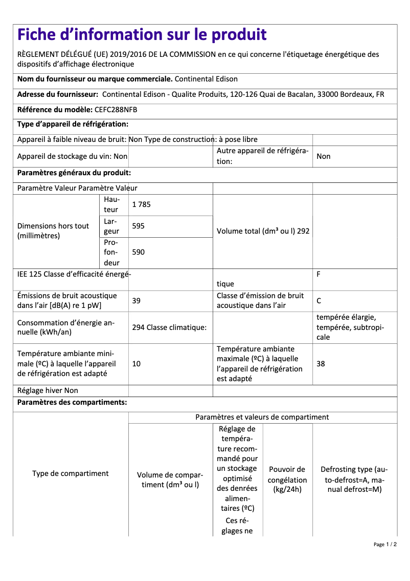 Page n°1 - Label énergétique Continental Edison CEFC288NFIX