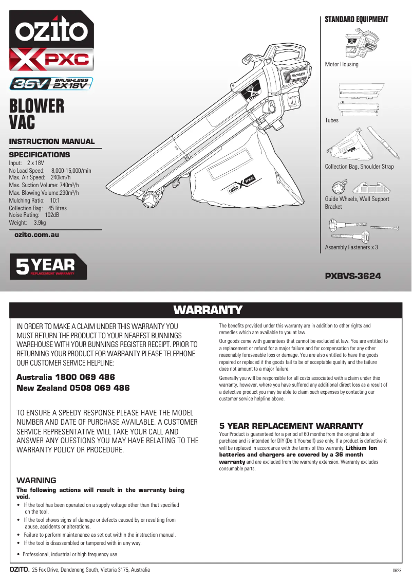 Page n°1 - Manuel utilisateur Ozito PXBVS-3624