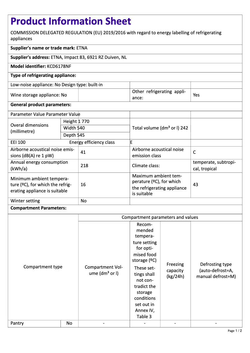 Page n°1 - Fiche technique Etna KCD6178NF