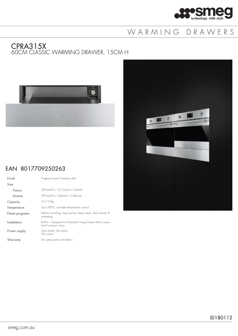 Page 1 de la notice Fiche technique Smeg CPRA315X