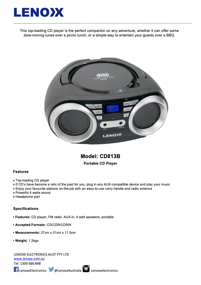 Page 1 de la notice Manuel utilisateur Lenoxx CD813B