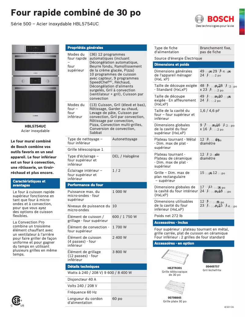 Page n°1 - Fiche technique Bosch HBL5754UC