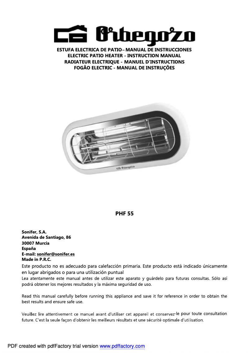 Page 1 de la notice Manuel utilisateur Orbegozo PHF 55